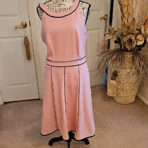 New York & Company Pink Sleeveless Fit-and-Flare Dress with Black Trim